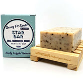 A box of Savvy Fit Soaps Star Bar in Anise with an open soap, highlighting its plant-based, USA-made, and aromatic skincare formula.